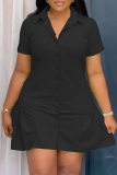 Black Casual Solid Color Buttons Turndown Collar Short Sleeve Short Sleeve Dress