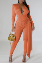 Orange Casual Solid Color Patchwork Ruched V Neck Skinny Jumpsuits
