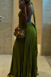 Green Elegant Solid Color Patchwork Pleated V Neck Pleated Dresses