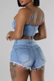 Blue Sexy Solid Color Pocket Buttons Patchwork Backless Pearls Decor Zipper Spaghetti Strap Sleeveless Two Pieces