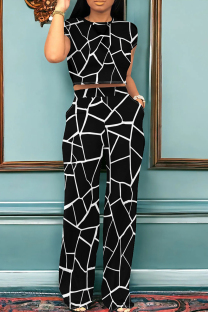 Black White Casual Stripe Pocket Patchwork O Neck Short Sleeve Two Pieces