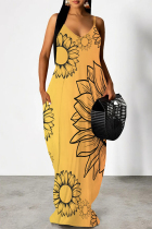 Yellow Sexy Floral Print Pocket Contrast V Neck Printed Dresses