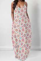 White Sexy Floral Print Pocket V Neck Printed Dresses
