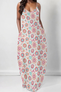 White Sexy Floral Print Pocket V Neck Printed Dresses