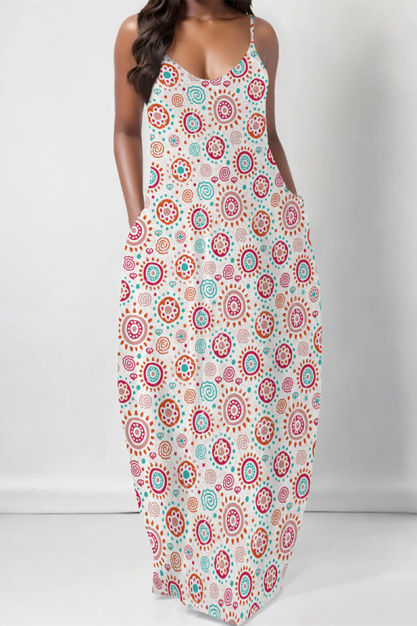 White Sexy Floral Print Pocket V Neck Printed Dresses