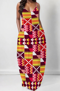 Red Sexy Geometric Print Pocket Contrast V Neck Printed Dresses