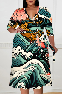 Turquoise Elegant Geometric Print Lace Up Contrast V Neck Printed Plus Size Dresses