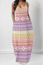Pink Sexy Geometric Print Pocket Contrast V Neck Printed Dresses
