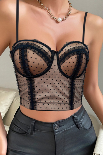Black Sexy Polka Dot Lace Patchwork Backless Spaghetti Strap Tops