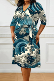 Powdery Violet Elegant Geometric Print Lace Up Contrast V Neck Printed Plus Size Dresses