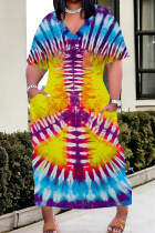 Yellow And Blue Casual Tie Dye Pocket Patchwork V Neck Straight Plus Size Dresses