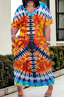 Orange Blue Casual Tie Dye Pocket Patchwork V Neck Straight Plus Size Dresses