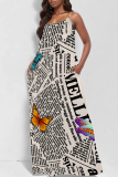 Light Beige Gray Sexy Butterfly Print Letter Print U Neck Printed Dresses
