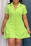 Black Casual Solid Color Buttons Turndown Collar Short Sleeve Short Sleeve Dress