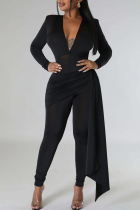 Black Casual Solid Color Patchwork Ruched V Neck Skinny Jumpsuits