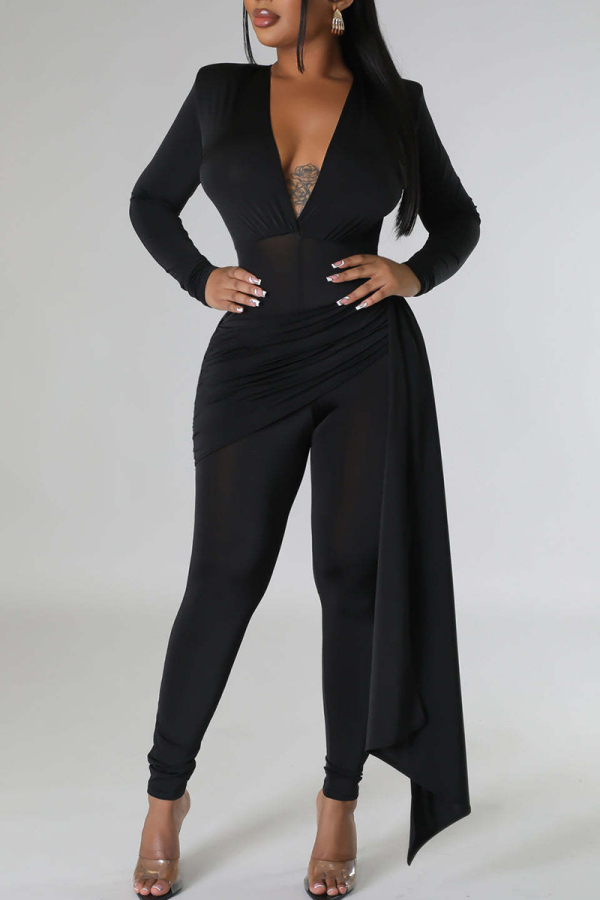 Black Casual Solid Color Patchwork Ruched V Neck Skinny Jumpsuits