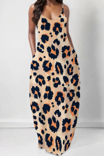 Leopard Print Sexy Floral Print Pocket V Neck Printed Dresses