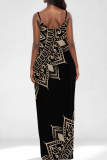 Yellow Elegant Print Pocket Patchwork Spaghetti Strap Sling Dresses