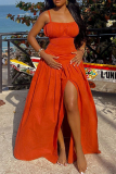 Tangerine Red Elegant Solid Color Patchwork Backless High Slit Ruched Spaghetti Strap Sling Dresses