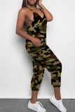 Dark Green Street Camouflage Print Pocket Patchwork Backless Spaghetti Strap Regular Jumpsuits