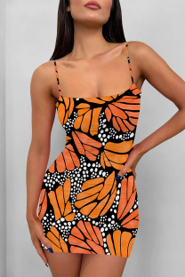 Orange Sexy Geometric Print Cartoon Print Contrast Printed Dresses