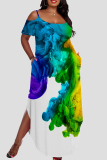 Turquoise Casual Print Pocket Patchwork Backless Slit Spaghetti Strap Straight Plus Size Dresses