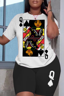White Casual Print Basic O Neck Short Sleeve Two Pieces