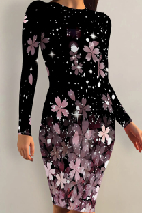 Pink Casual Print Patchwork O Neck Wrapped Skirt Dresses
