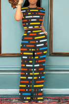 Black Casual Geometric Print Pocket Contrast O Neck Short Sleeve Two Pieces