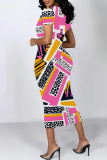 Multicolor Casual Geometric Print Floral Print Contrast O Neck Printed Short Sleeve Dress