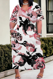 White Pink Casual Flowers Print Pocket Contrast V Neck Printed Plus Size Dresses