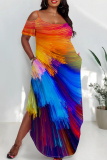 Turquoise Casual Print Pocket Patchwork Backless Slit Spaghetti Strap Straight Plus Size Dresses