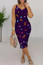 Navy Blue Sexy Geometric Print Contrast V Neck Printed Dresses
