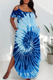 Turquoise Casual Print Pocket Patchwork Backless Slit Spaghetti Strap Straight Plus Size Dresses