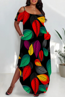 Black Red Sexy Floral Print Pocket Slit Contrast U Neck Printed Plus Size Dresses