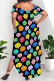 Black Sexy Floral Print Polka Dot Pocket Slit U Neck Printed Plus Size Dresses