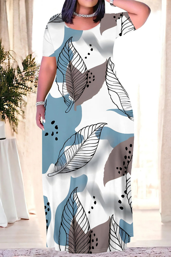 White Casual Geometric Print Floral Print Contrast O Neck Printed Plus Size Dresses