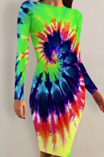 Colour Casual Print Patchwork O Neck Wrapped Skirt Dresses