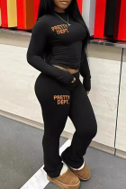 Black Casual Letters Patchwork O Neck Long Sleeve Two Pieces