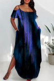 Turquoise Casual Print Pocket Patchwork Backless Slit Spaghetti Strap Straight Plus Size Dresses