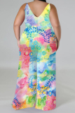 Apricot Casual Street Floral Print Splashed ink printing Contrast V Neck Plus Size Jumpsuits(With a turban)