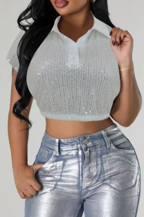 White Casual Solid Color Sequins Buttons Patchwork Turndown Collar Tops