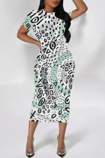 White Casual Geometric Print Floral Print Contrast O Neck Printed Short Sleeve Dress