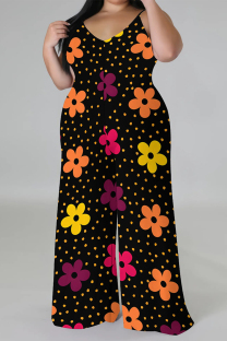 Black Casual Floral Print Contrast V Neck Plus Size Jumpsuits(With a turban)
