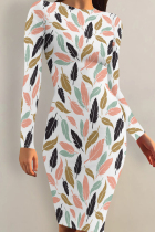 Green Pink Casual Print Patchwork O Neck Wrapped Skirt Dresses