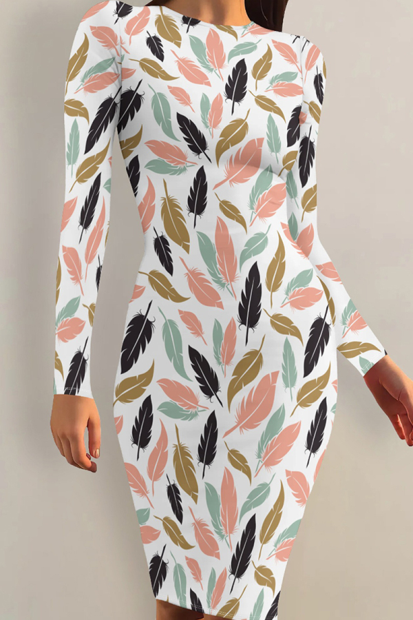 Green Pink Casual Print Patchwork O Neck Wrapped Skirt Dresses