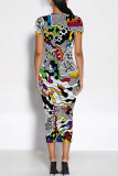 Multicolor Casual Geometric Print Floral Print Contrast O Neck Printed Short Sleeve Dress