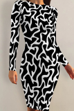 Red White Casual Print Patchwork O Neck Wrapped Skirt Dresses