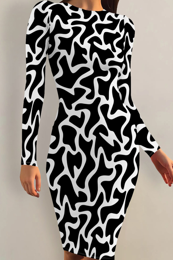 Black And White Casual Print Patchwork O Neck Wrapped Skirt Dresses