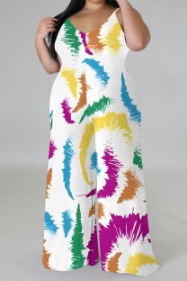 White Casual Floral Print Contrast V Neck Plus Size Jumpsuits(With a turban)